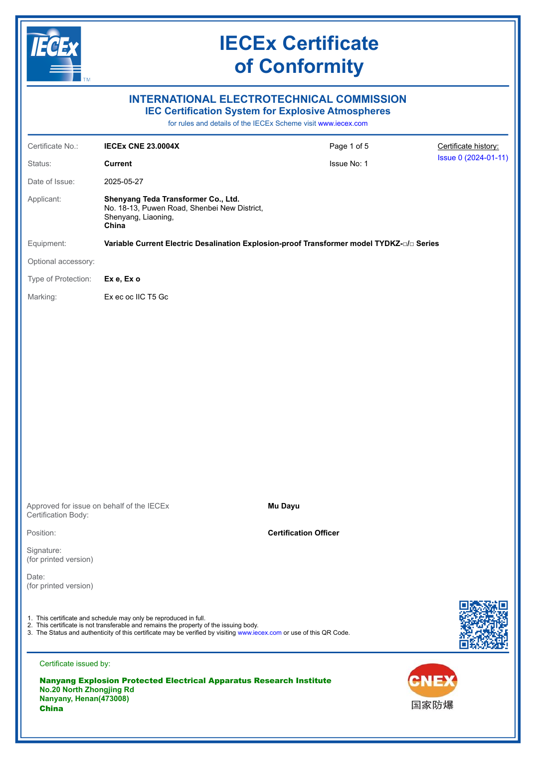 IECEx CNE 23.0004X certificate first-page preview