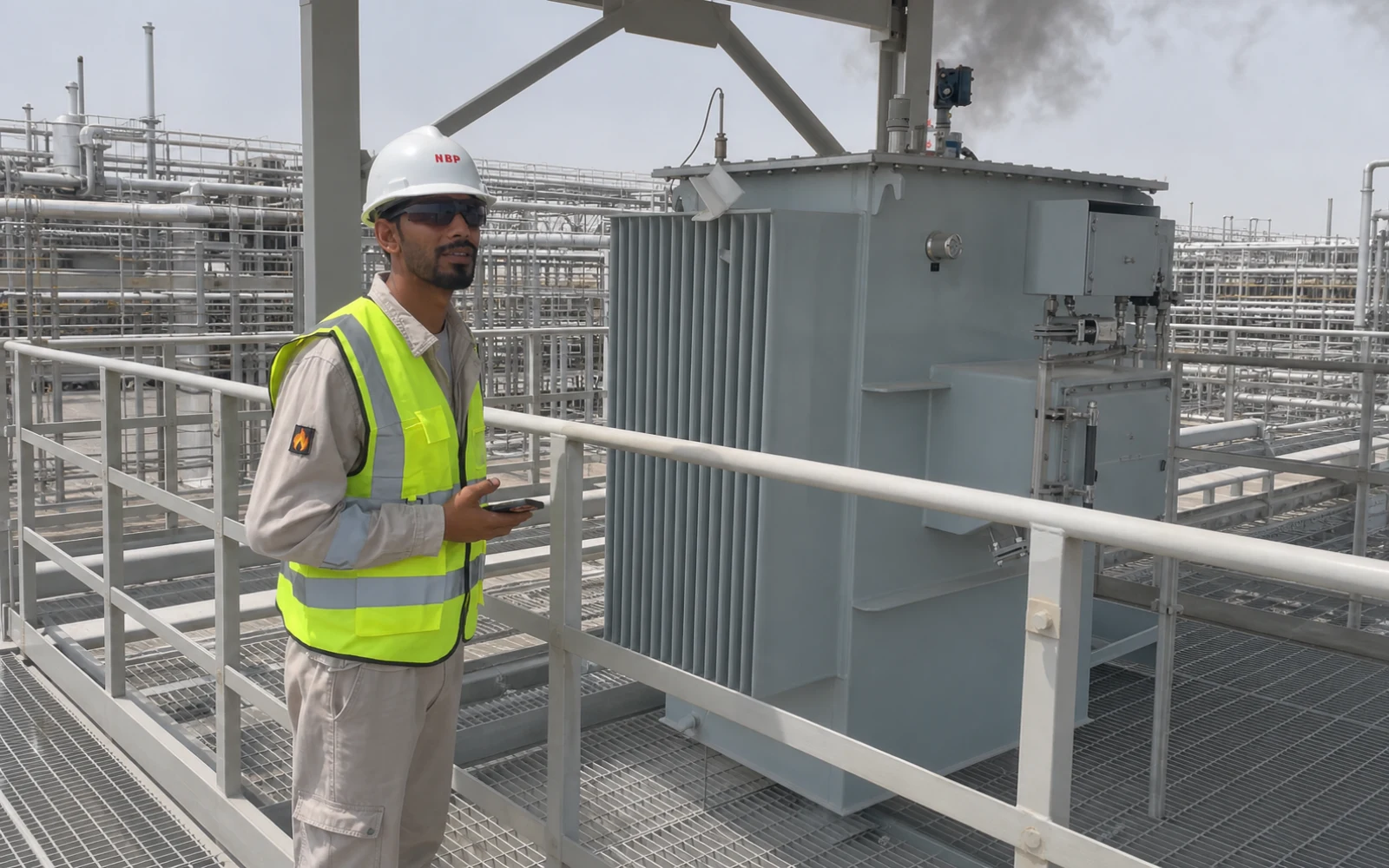 Site engineer beside transformer equipment at an overseas energy project
