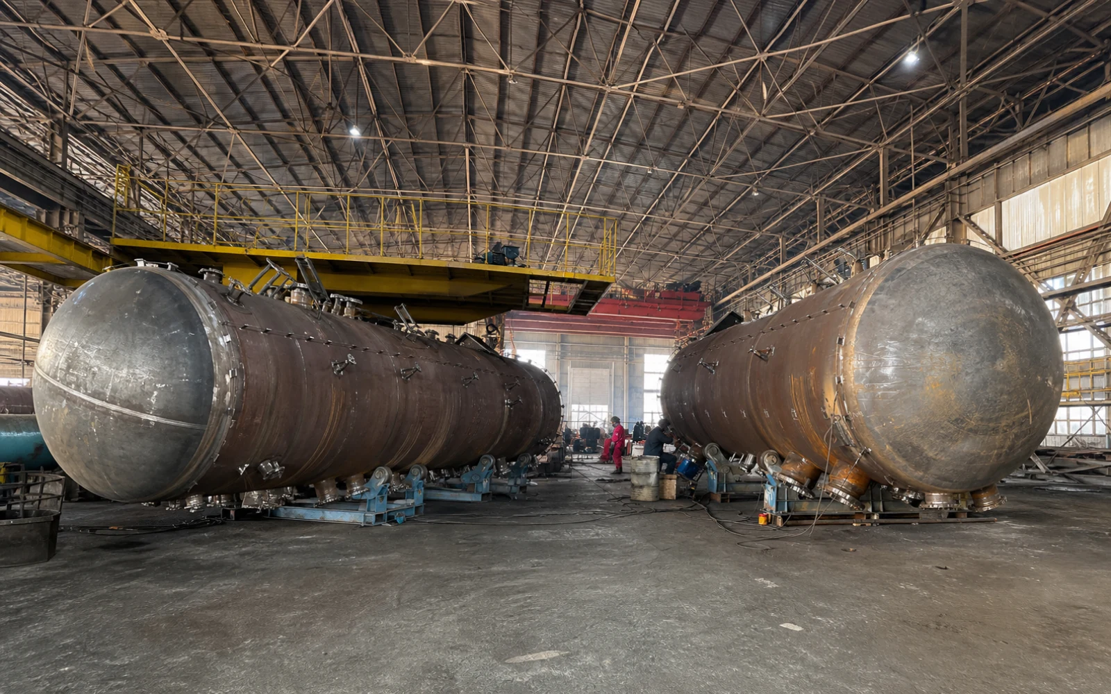 Two complete pressure-vessel shells under fabrication for process-industry applications