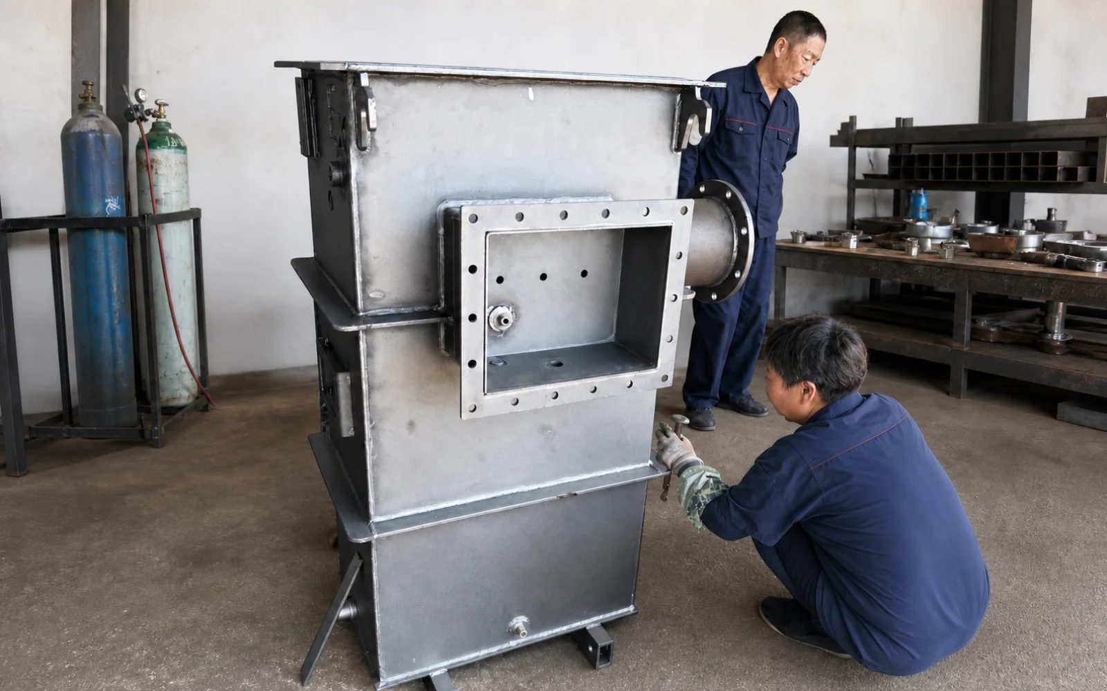 Workers in coordinated factory uniforms fitting and welding a fabricated transformer tank