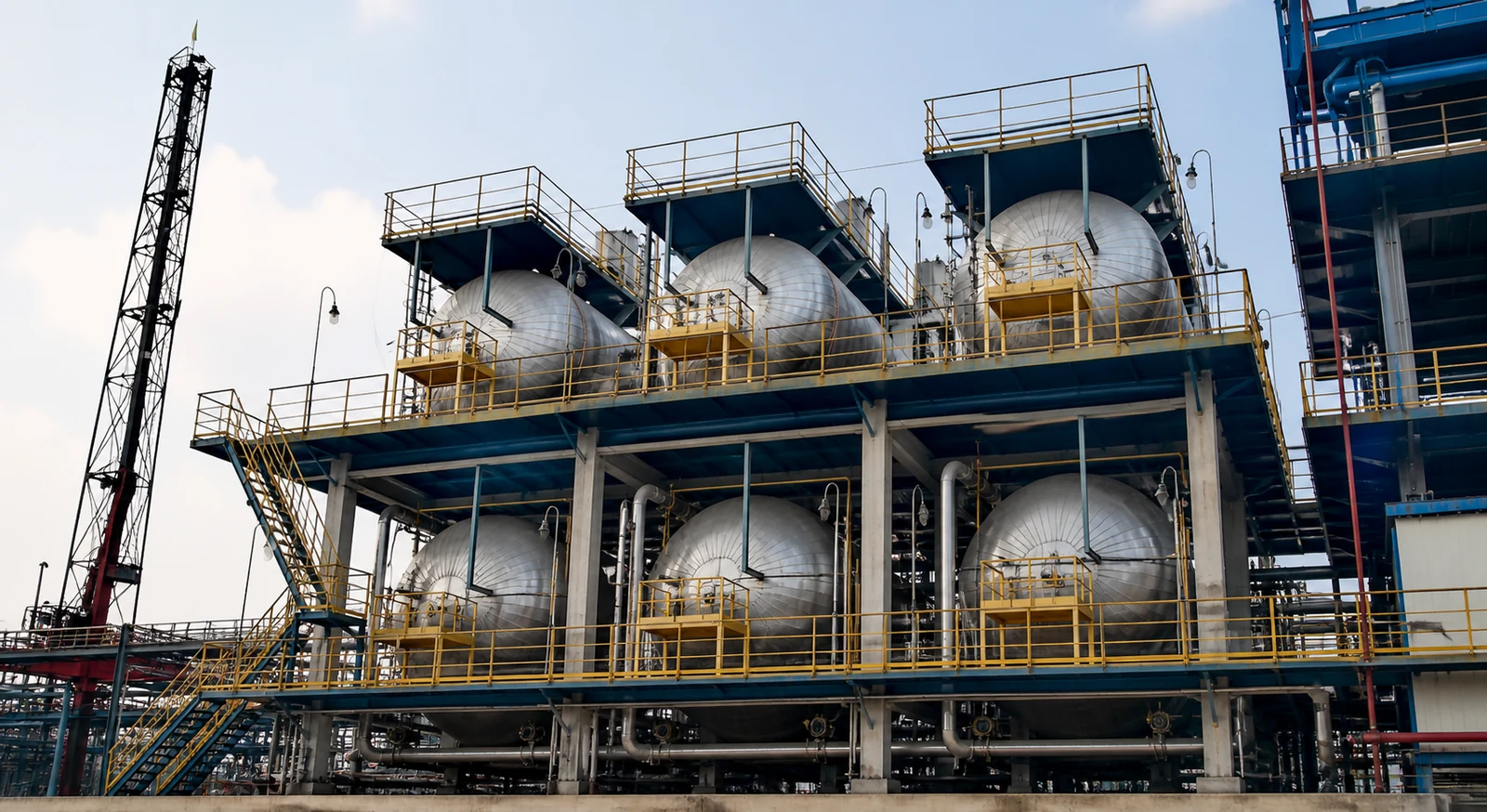 Complete six-vessel desalter installation arranged as three upper and three lower vessels