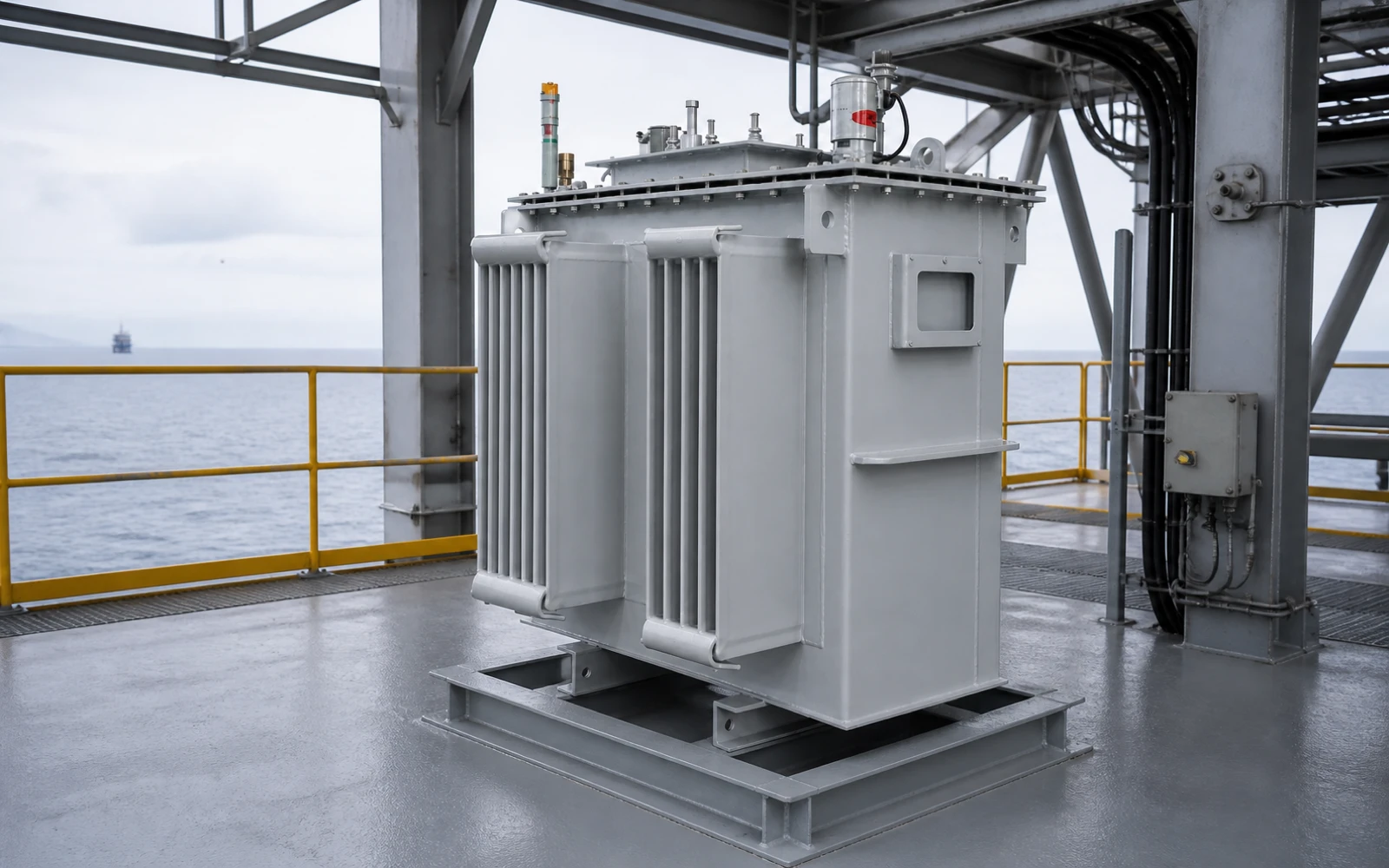 Complete offshore transformer installed naturally on a marine platform equipment deck